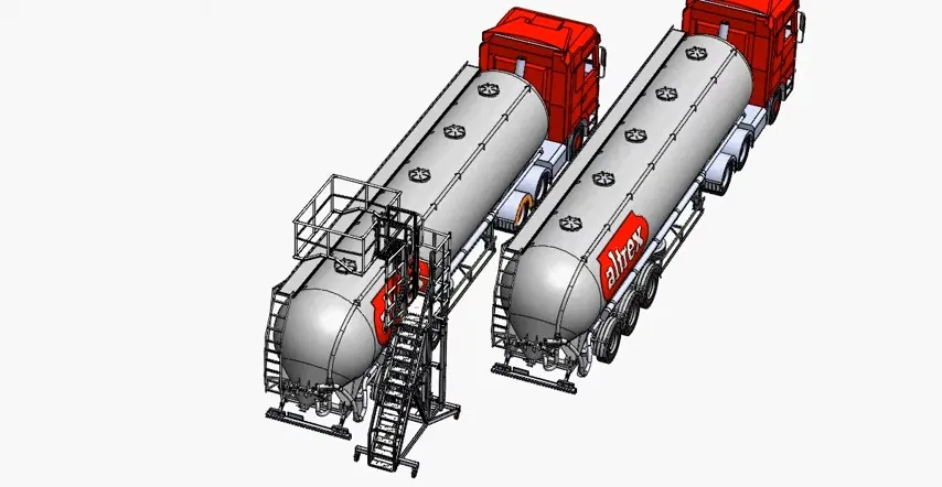 CAD-Animation: Tankwagenleiter mit 180° schwenkbarem Korb zwischen zwei Tankfahrzeugen