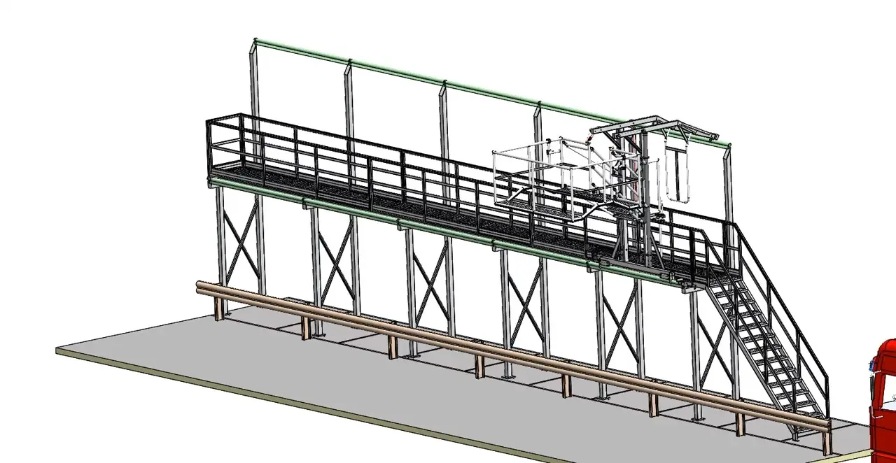 Stationäre Verladeanlage mit Laufsteg, Treppe und höhenverstellbarem Korb, CAD-Animation